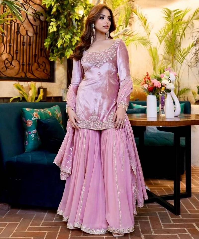 lavender organza embroidered sharara set 