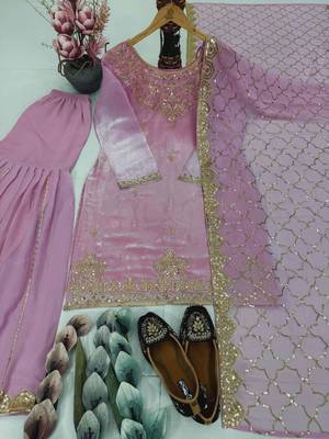 lavender organza sharara set with crystal work 3