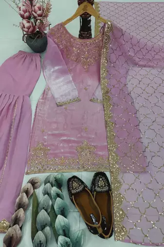 lavender organza sharara set with crystal work