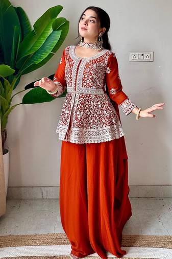 dark orange georgette embroidered sharara set