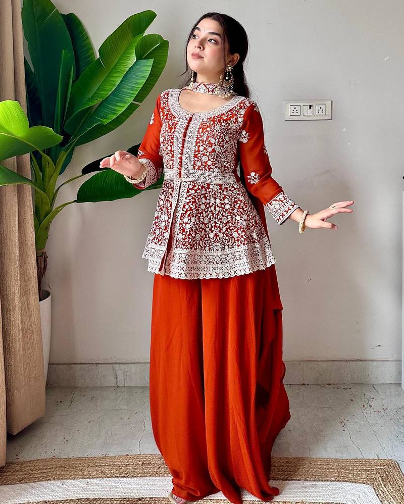 dark orange georgette embroidered sharara set