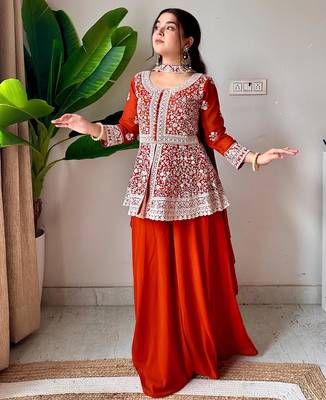 dark orange georgette sharara set with floral embroidery
 2