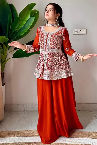 dark orange georgette sharara set with floral embroidery