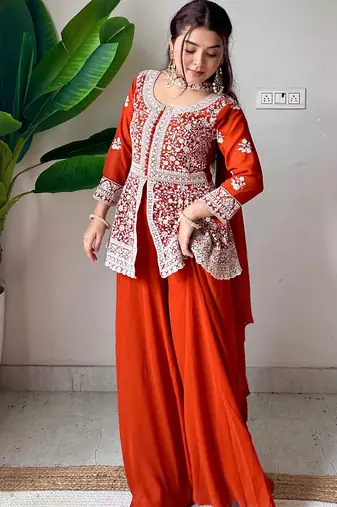 dark orange georgette sharara set with floral embroidery
