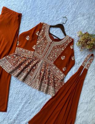 dark orange georgette sharara set with floral embroidery
 4