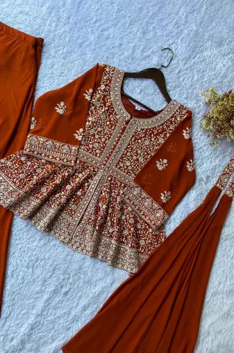dark orange georgette sharara set with floral embroidery