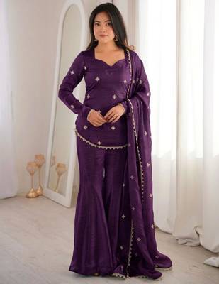 purple silk blend sharara set with gold motifs
 1
