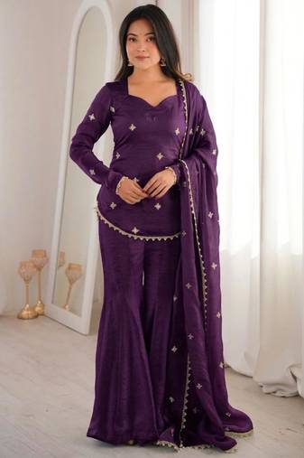 purple silk blend embroidered sharara palazzo set