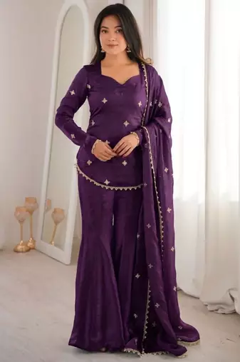 purple silk blend embroidered sharara palazzo set