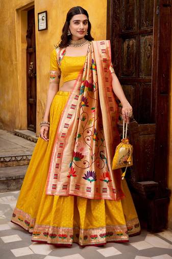 yellow silk blend embroidered lehenga set