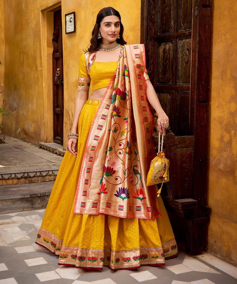 yellow silk blend embroidered lehenga set