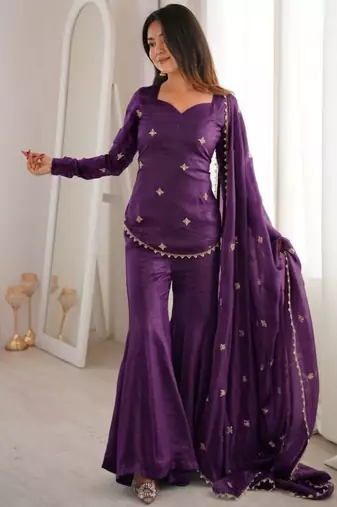 purple silk blend sharara set with gold motifs