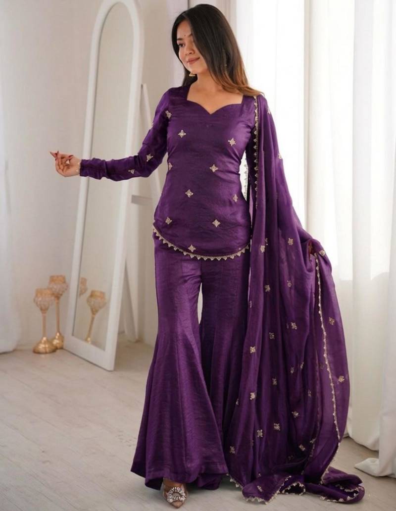 purple silk blend embroidered sharara palazzo set
