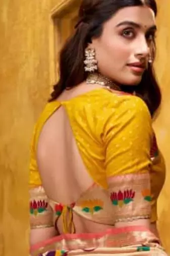yellow silk blend lehenga set with paithani border work