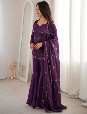 purple silk blend sharara set with gold motifs
 3