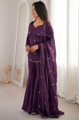 purple silk blend sharara set with gold motifs