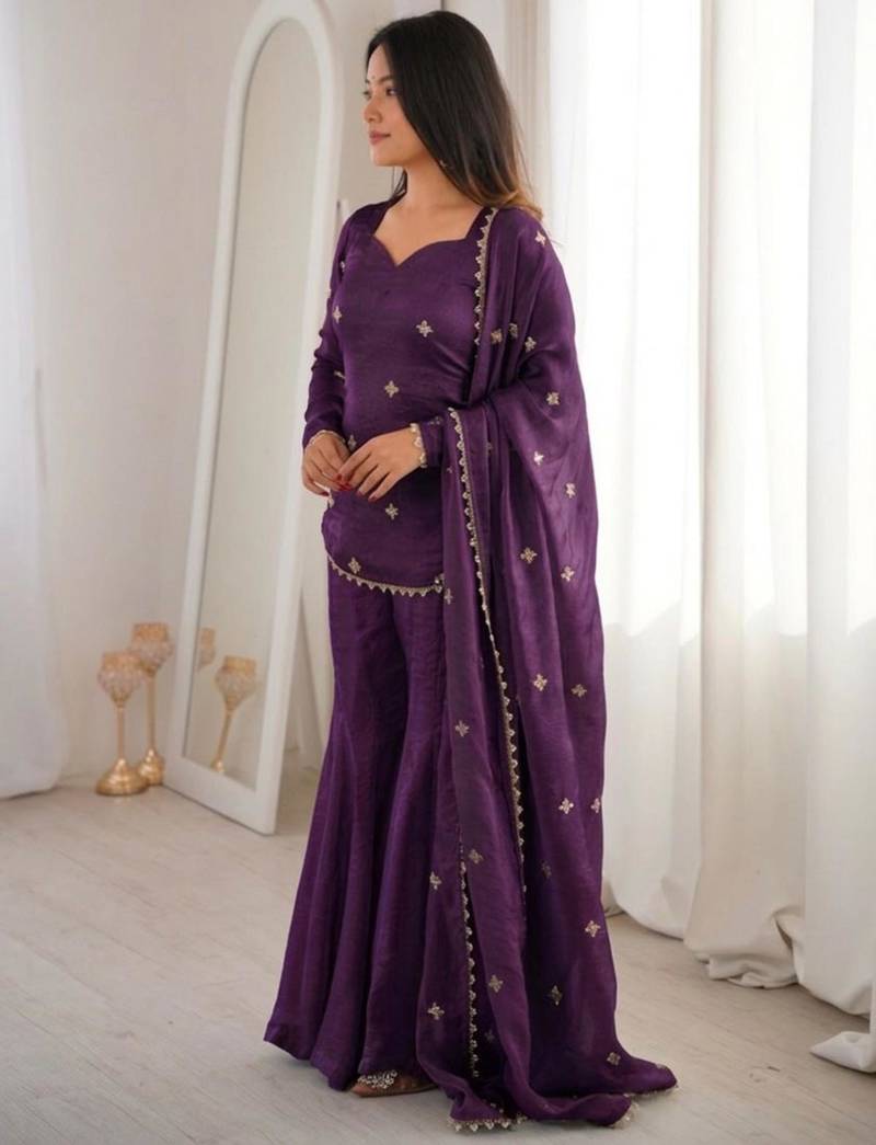 purple silk blend embroidered sharara palazzo set
