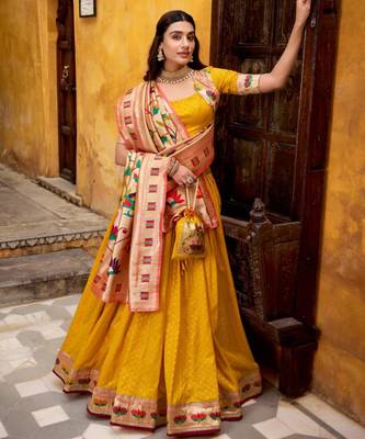 yellow silk blend lehenga set with paithani border work 3