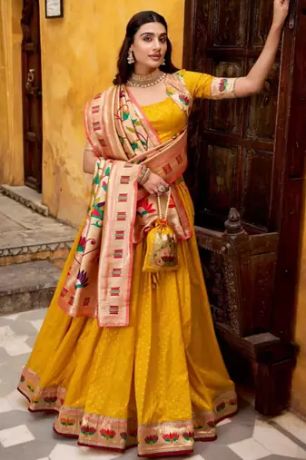yellow silk blend lehenga set with paithani border work