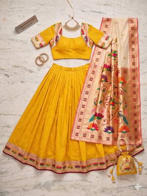 yellow silk blend lehenga set with paithani border work 4