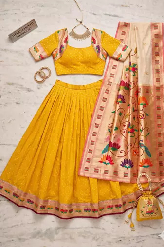 yellow silk blend lehenga set with paithani border work
