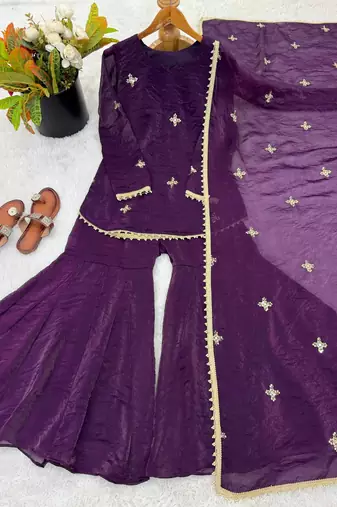 purple silk blend sharara set with gold motifs