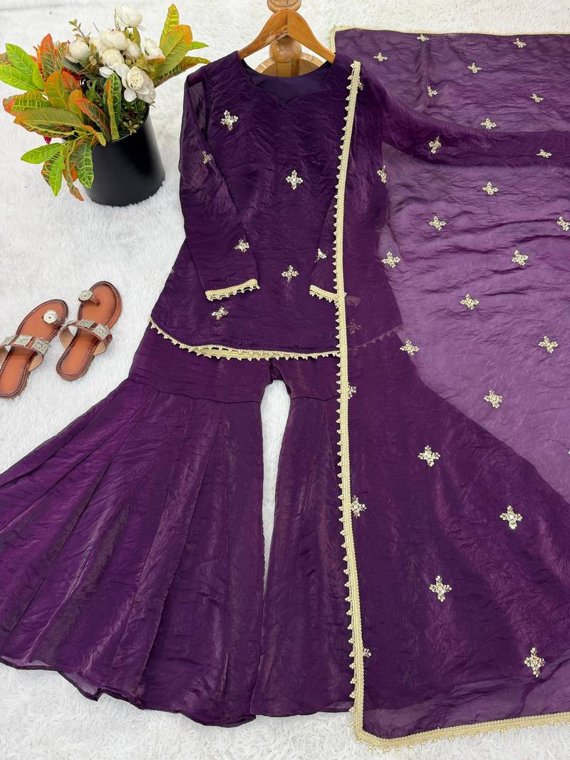 purple silk blend embroidered sharara palazzo set