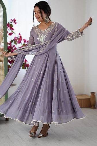 lavender faux georgette embroidered flared kurta set
