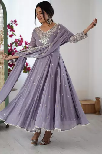 lavender faux georgette embroidered flared kurta set