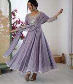 lavender faux georgette embroidered flared kurta set