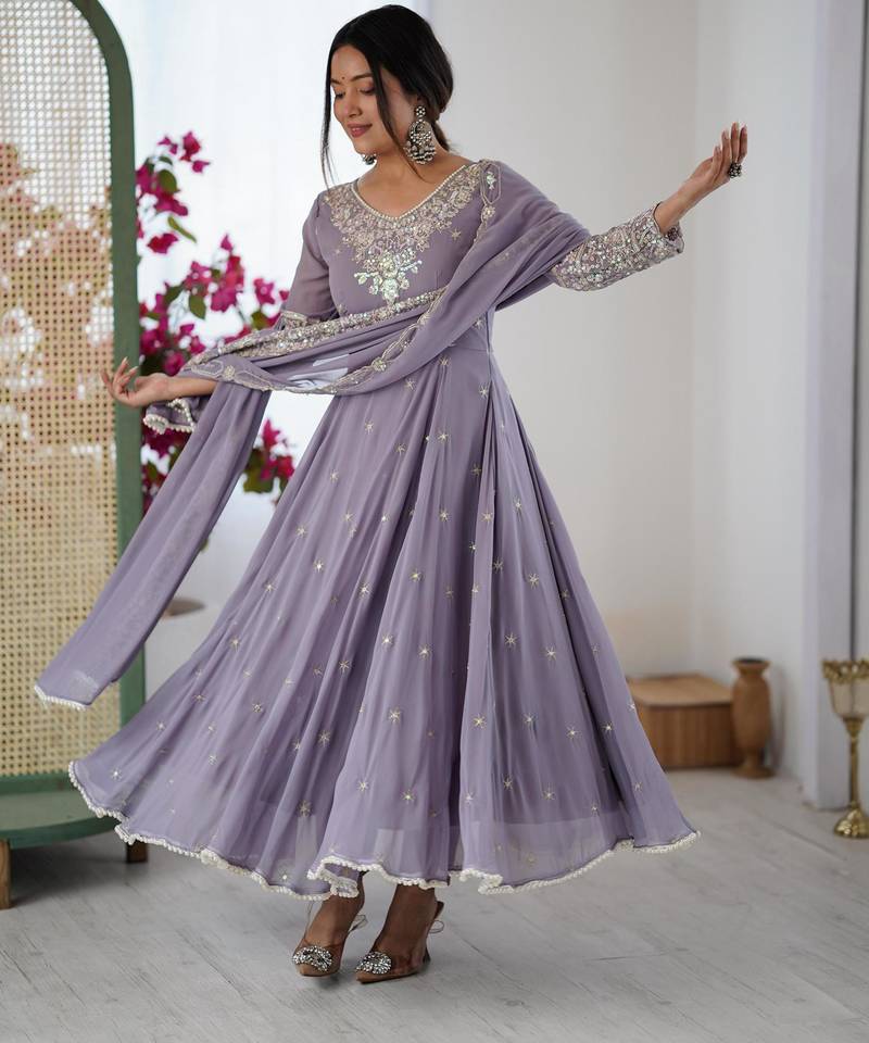 lavender faux georgette embroidered flared kurta set