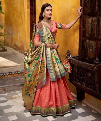 peach silk blend lehenga with zari work blouse 2