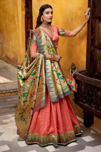 peach silk blend lehenga with zari work blouse