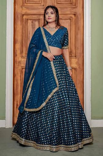 teal georgette embroidered lehenga set
