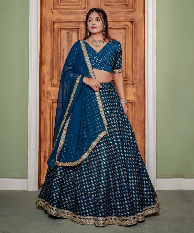 teal georgette embroidered lehenga set