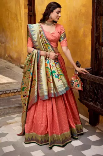 peach silk blend embroidered lehenga set
