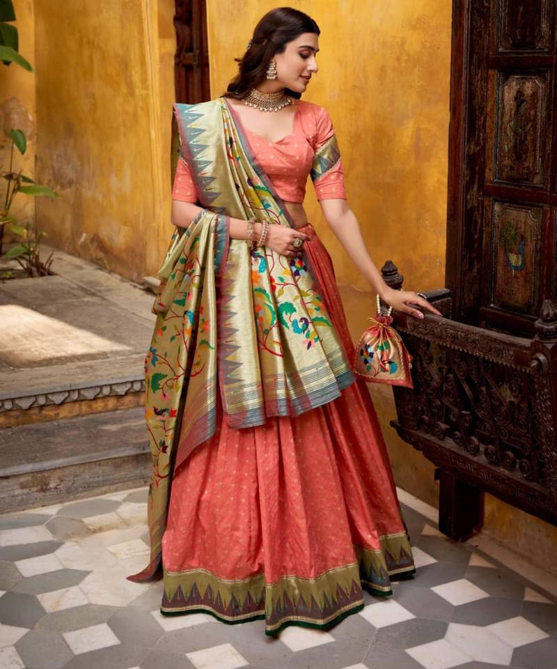 peach silk blend embroidered lehenga set