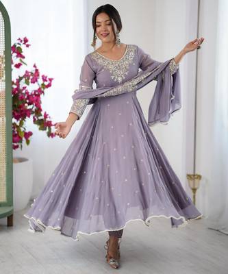 lavender faux georgette kurta set with embroidery
 3