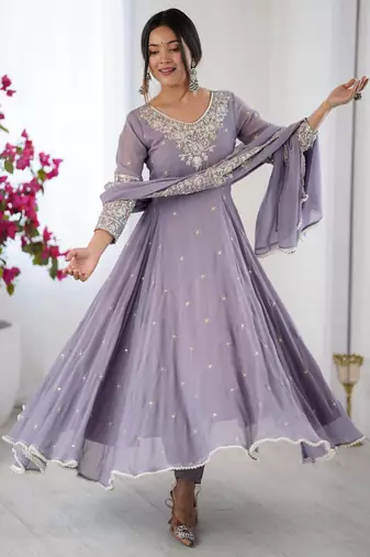lavender faux georgette kurta set with embroidery