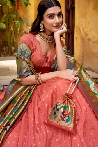 peach silk blend lehenga with zari work blouse