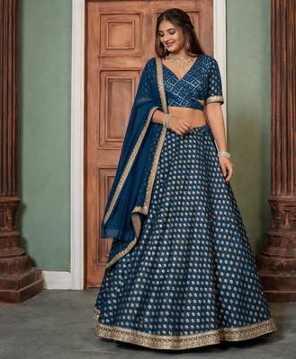 teal georgette lehenga with embroidered border design
 3