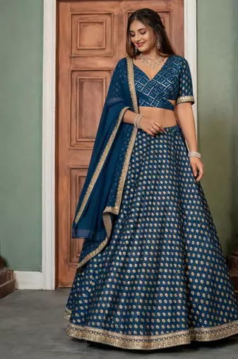 teal georgette lehenga with embroidered border design