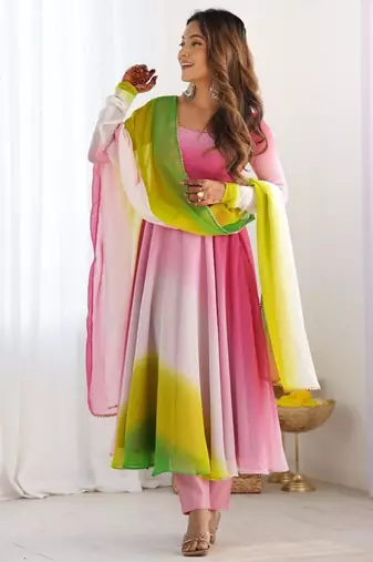 multicolor faux georgette plain flared kurta set