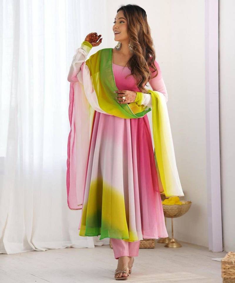multicolor faux georgette plain flared kurta set