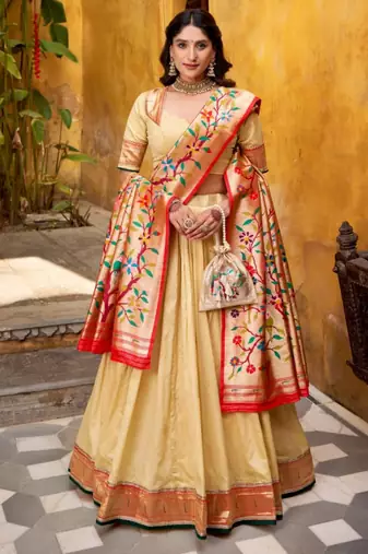 beige silk blend embroidered lehenga set