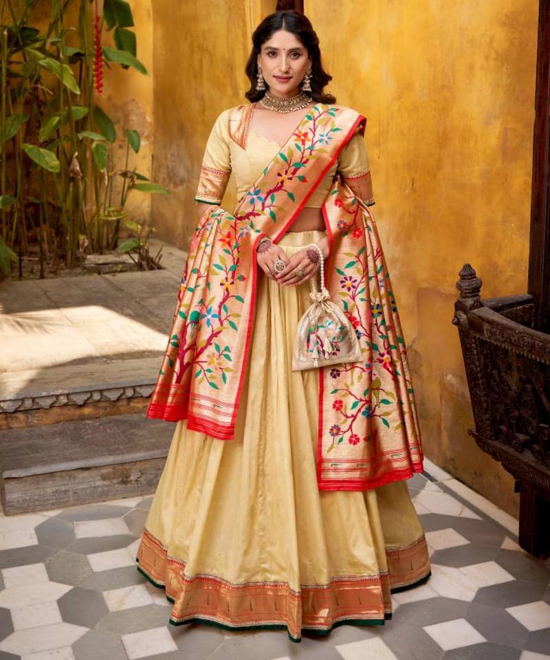 beige silk blend embroidered lehenga set