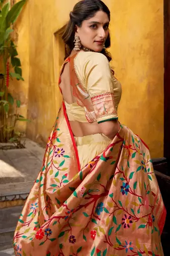 beige silk blend lehenga set with floral border work
