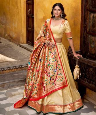 beige silk blend lehenga set with floral border work 3