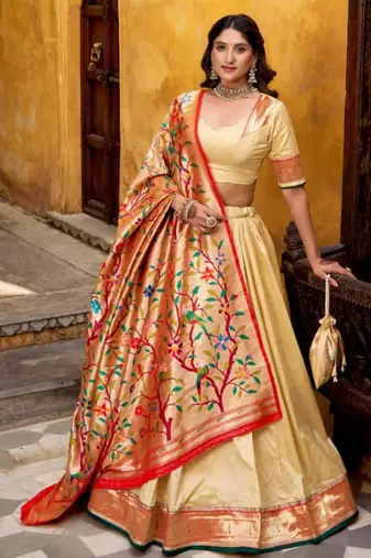 beige silk blend lehenga set with floral border work