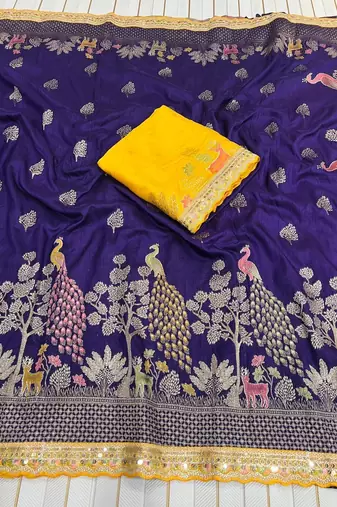 purple dola silk saree with cording work border